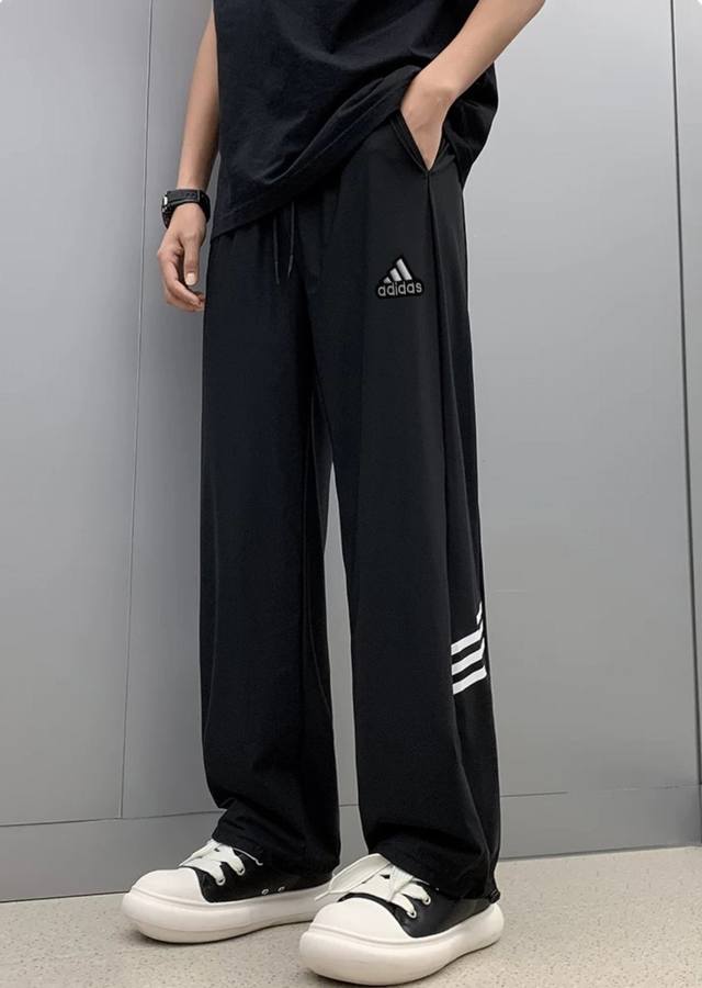 Adidas Adidas three-bar black striped pants men's summer ice silk four-way stret