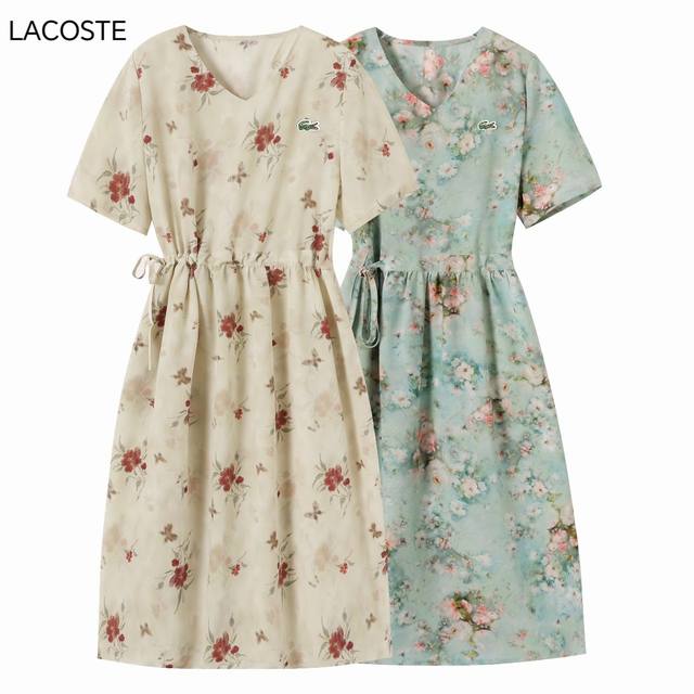 2025 Summer! Lacoste French Crocodile French Floral V-Neck Chiffon Dress, Perfor