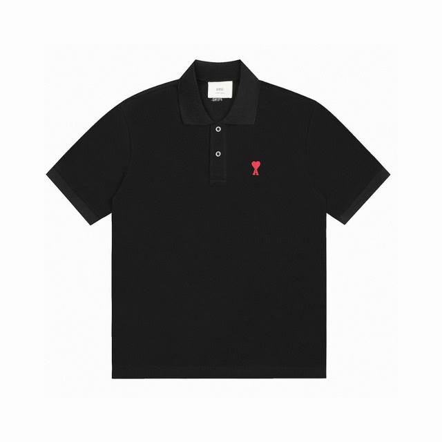 Ami Paris Classic Little Red Heart Embroidery Couple Lapel Short Sleeve Polo Shi