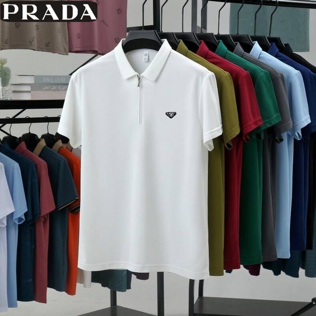 Prada new summer style, men's fashionable all-match half-zip short-sleeved blac