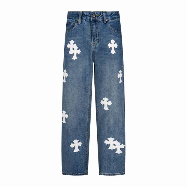 High version Chrome Hearts leather label cross washed jeans, same style for men