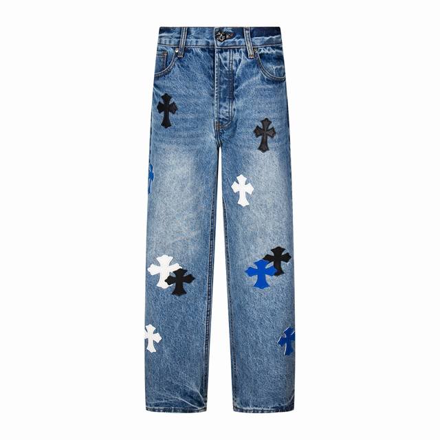 High version Chrome Hearts embroidered leather label cross washed jeans, unisex