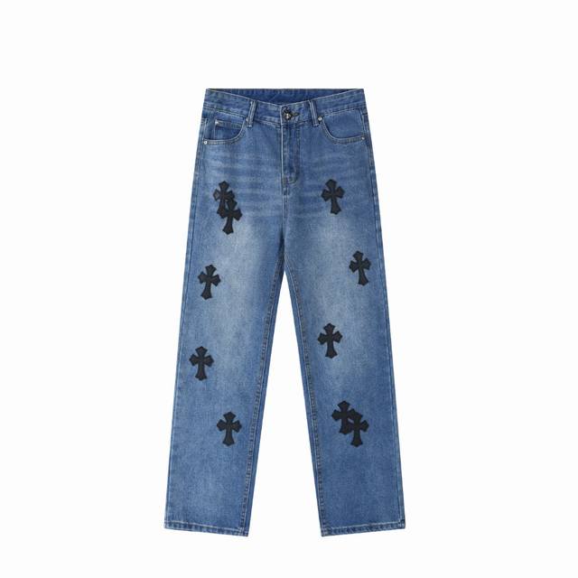 High version Chrome Hearts leather label cross washed jeans, same style for men