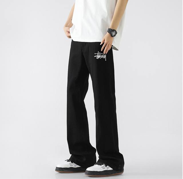 New summer Stussy solid color flared jeans, washed denim material, comfortable