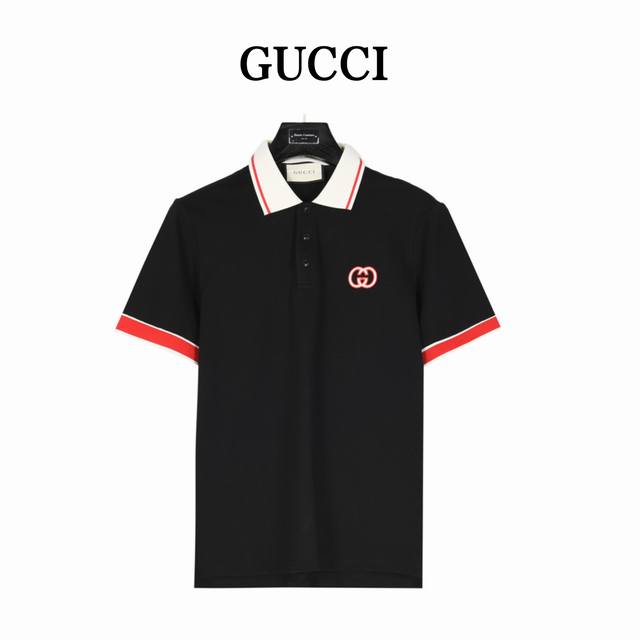 Gucci Short-sleeved Polo shirt with red cuffs and double G embroidery on the che
