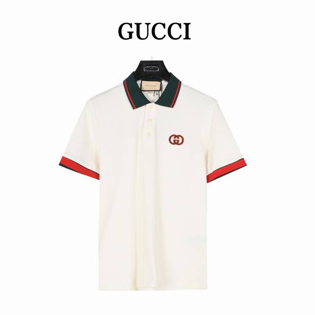 Gucci Short-sleeved Polo shirt with red cuffs and double G embroidery on the che