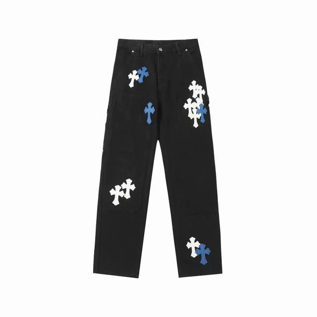 High version Chrome Hearts leather logo cross lumberjack jeans, same style for