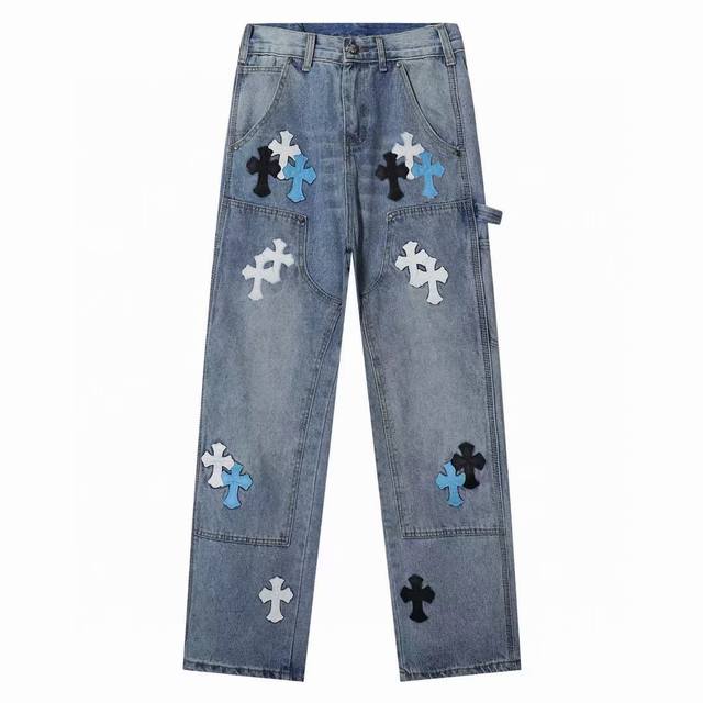 High version Chrome Hearts leather logo cross lumberjack jeans, same style for