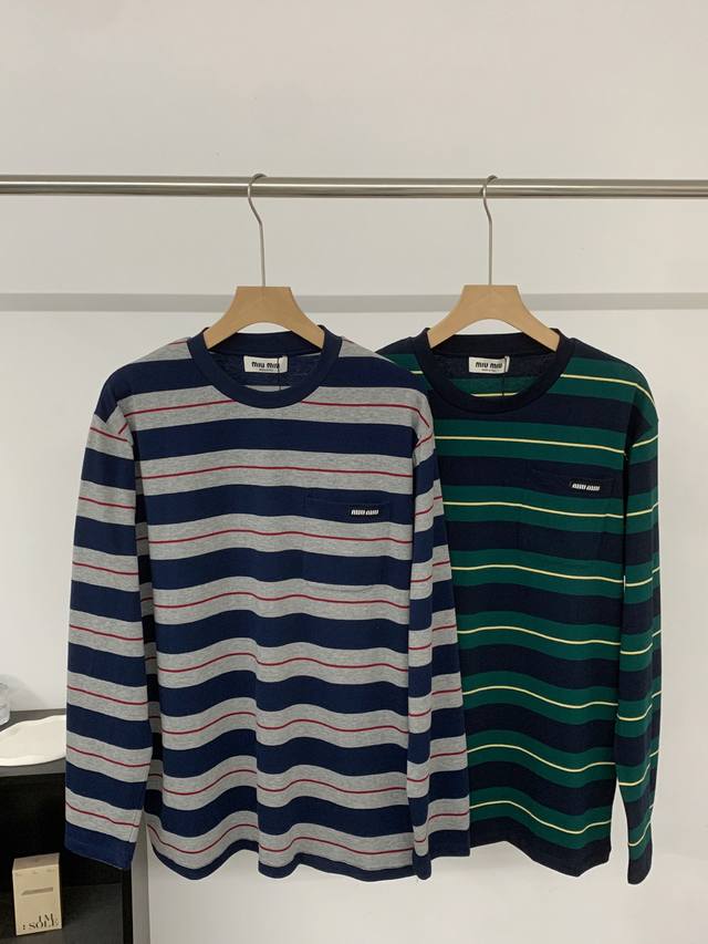 Mi2025 New early autumn Miu poster style wide striped logo round neck long sleev