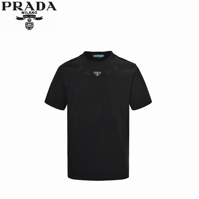 Prada 25Ss Neckline Letter Embroidery Triangle Logo Short Sleeve The fabric is m