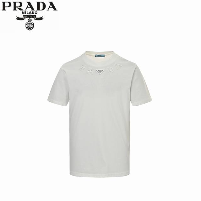 Prada 25Ss Neckline Letter Embroidery Triangle Logo Short Sleeve The fabric is m