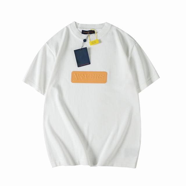 Lv 2025 New Embossed Leather Badge Short Sleeves Pure cotton wool material uses