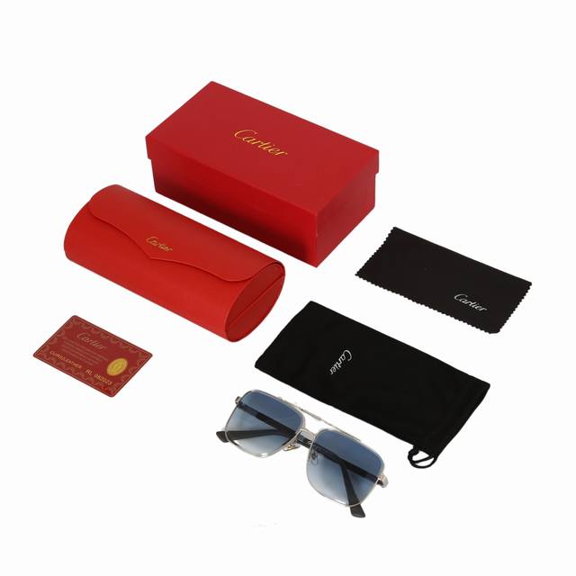 Cartier-full frame thin temples-square-sunglasses-men-silver-gradient blue lense