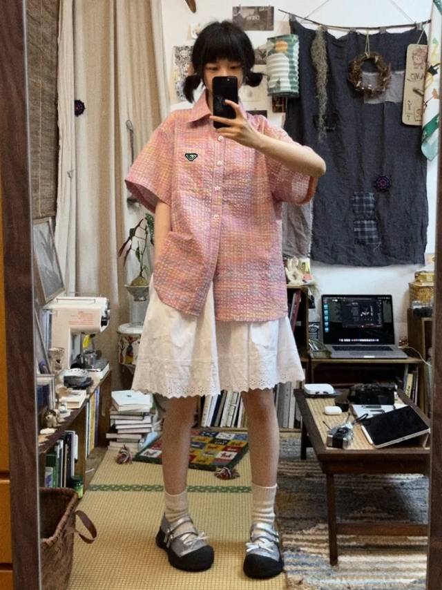 Prada Prada pink plaid loose couple short-sleeved shirt Prada summer new pink ve