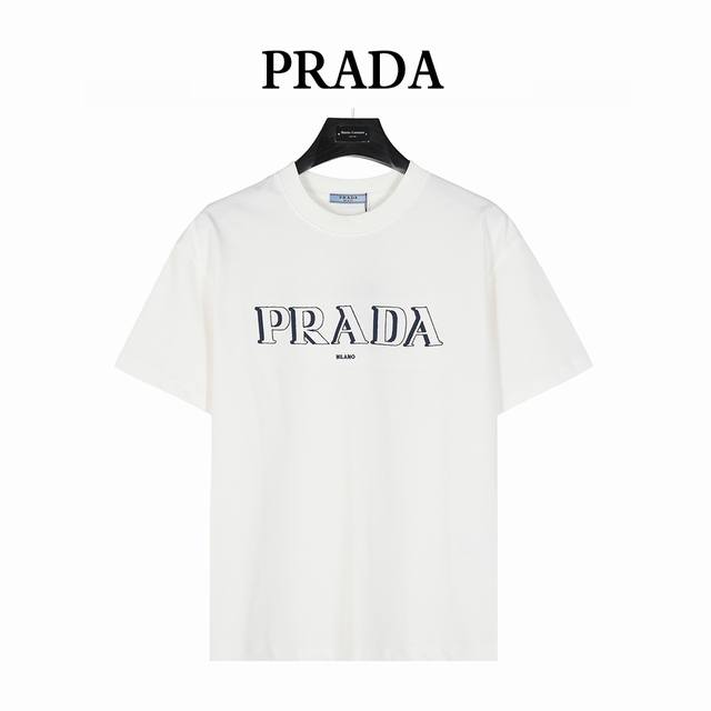 Prada 25Ss 3D ghosting letter embroidery short-sleeved T-shirt Classic 3D ghosti