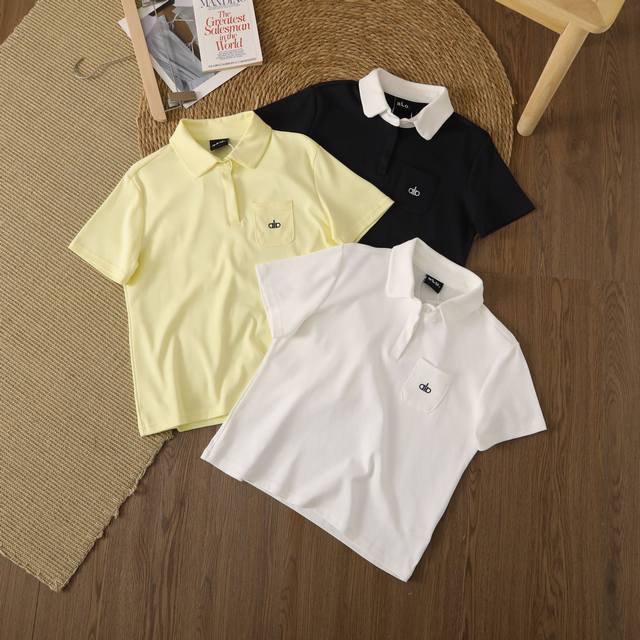 Alo Women's Short Sleeve T-shirt Polo Color: White, Cream Yellow, Navy Blue and
