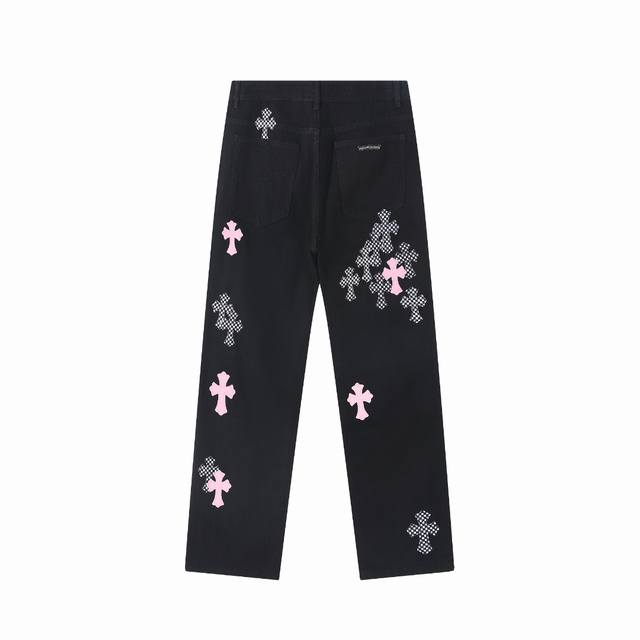 High version Chrome Hearts cherry pink checkerboard cross stitch leather jeans,