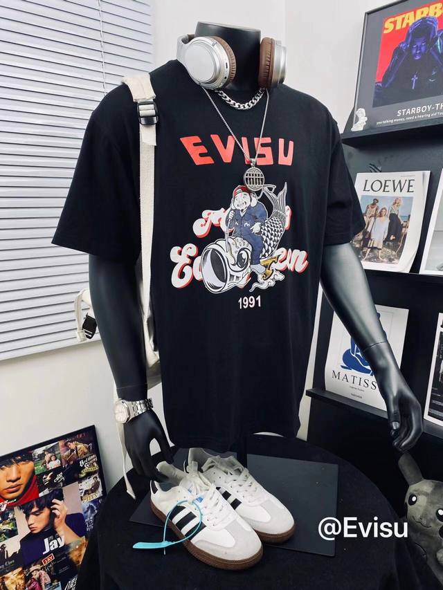 Evisu Fushen Classic Flying Fish Daruma Printed Men's and Women's Casual Short-s