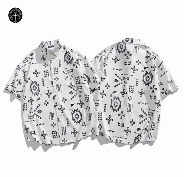 Chrome Hearts Hawaiian Ice Silk Beach Print Fashion Casual Short Sleeve Shirt D
