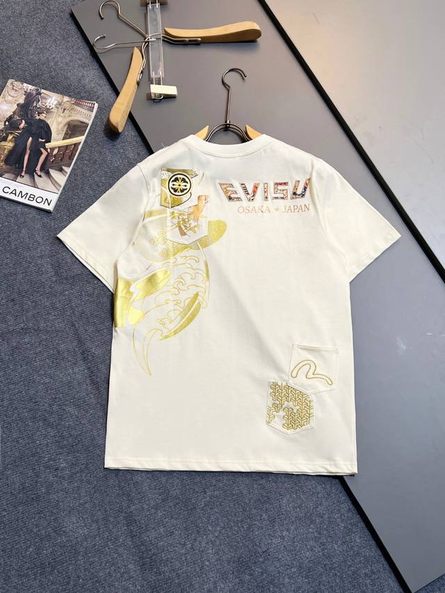 Evisu Ss Multi-pocket gold-stamped letter printed casual round neck short-sleeve
