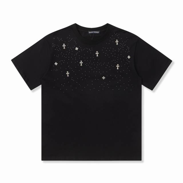 High version Chrome Hearts cross rhinestone short sleeves, unisex. Made of smoo