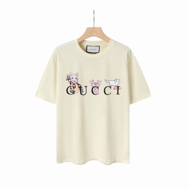 8819# Gu cat letter print, Gucci 2025 spring and summer latest short sleeves!! l