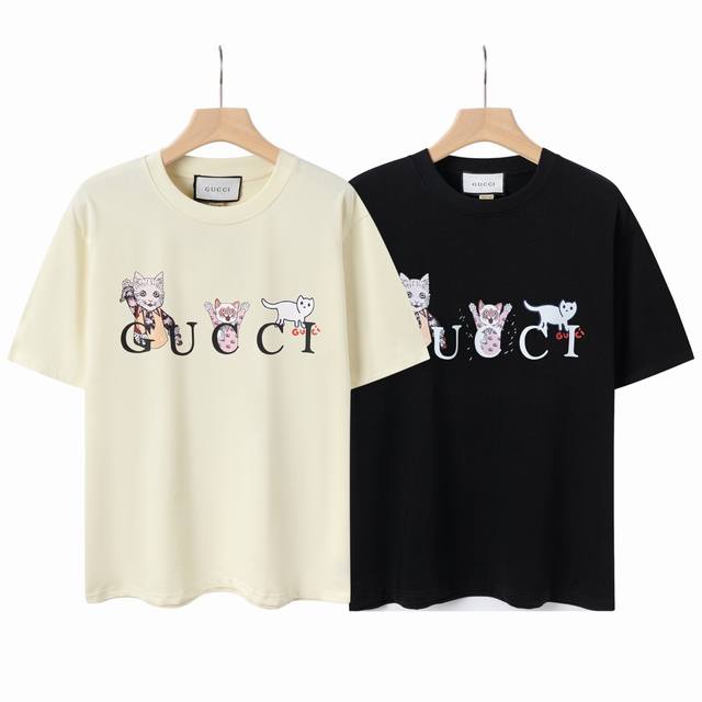 8819# Gu cat letter print, Gucci 2025 spring and summer latest short sleeves!! l