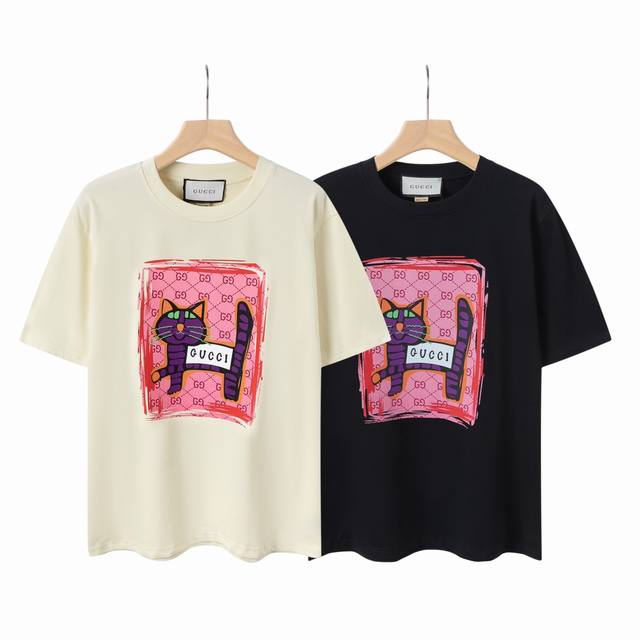 8805# Gucci Gu cat print, Gucci 2025 spring and summer latest short sleeves!! la