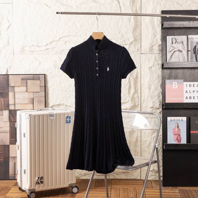 Top version, quality Ralph Lauren women's knitted cable dress Polo collar embroi