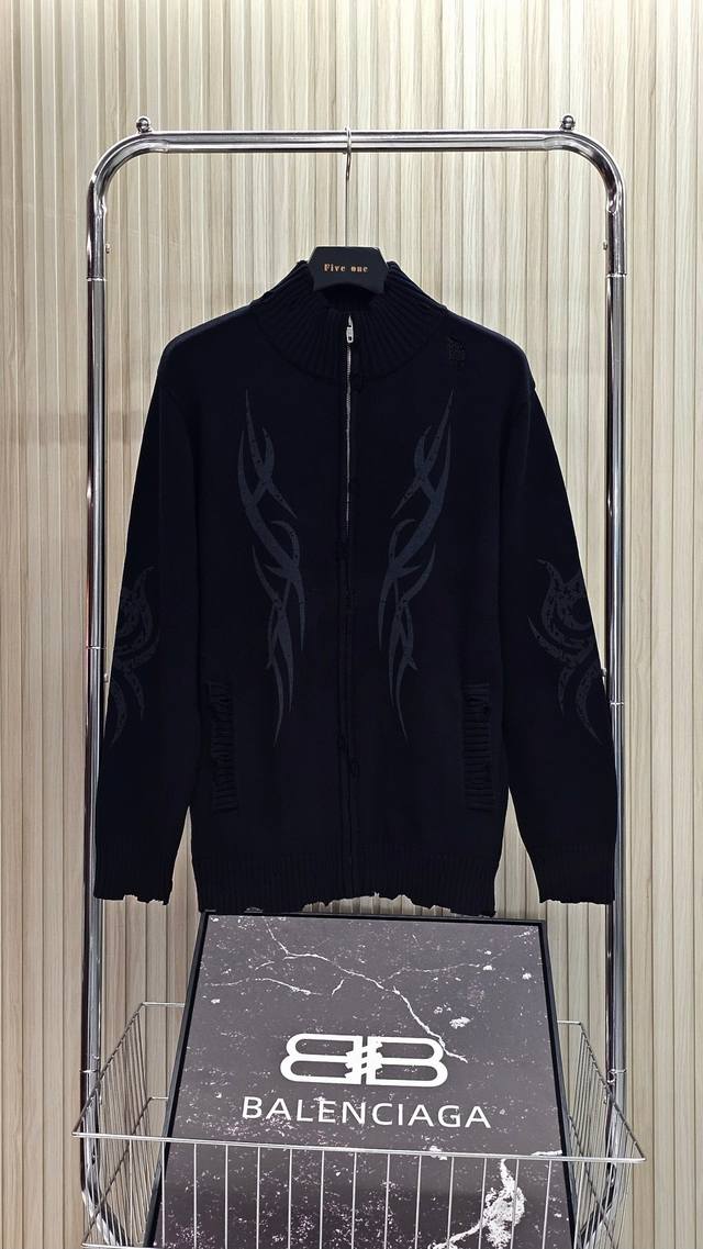 Balenciaga Fw24 distressed details high collar zipper long sleeve sweater loose