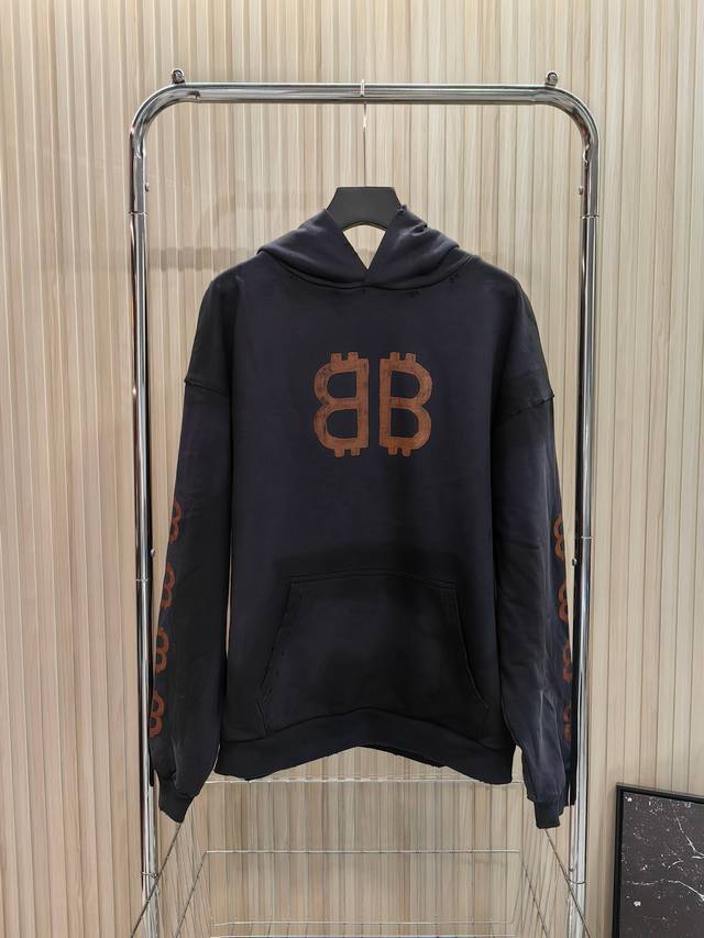 Balenciaga Fw23 Letter print hooded sweatshirt with double B mud dyeing and dist