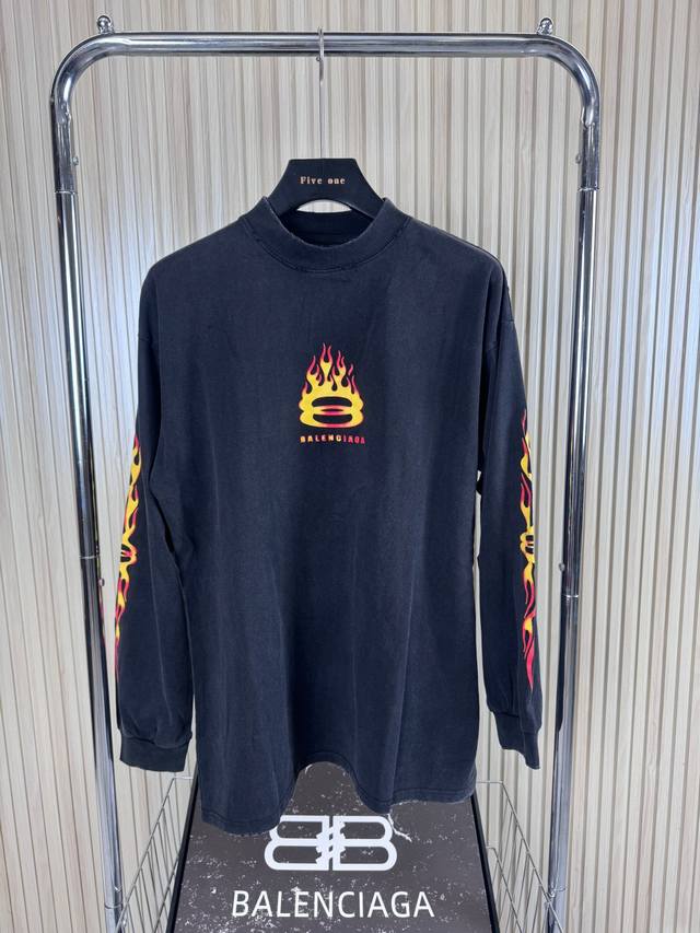 Balenciaga Balenciaga round neck long sleeve flame print T-shirt loose fit unise