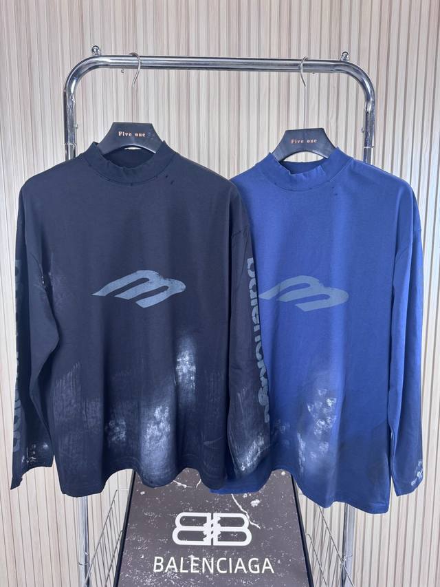 Balenciaga24Ss faded effect logo print round neck long sleeve T-shirt heavyweigh