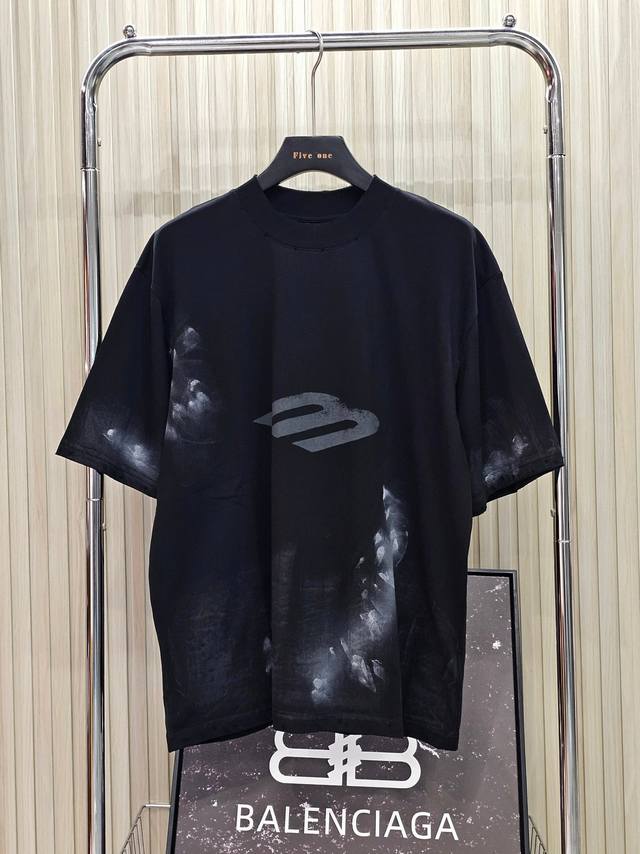 Balenciaga24Ss faded effect logo print round neck short sleeve T-shirt heavyweig