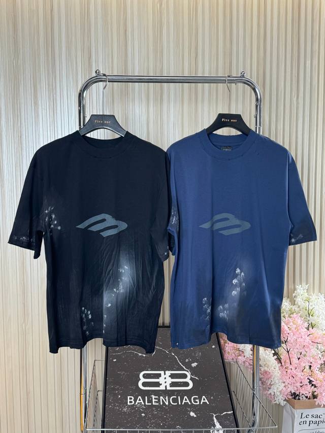 Balenciaga24Ss faded effect logo print round neck short sleeve T-shirt heavyweig