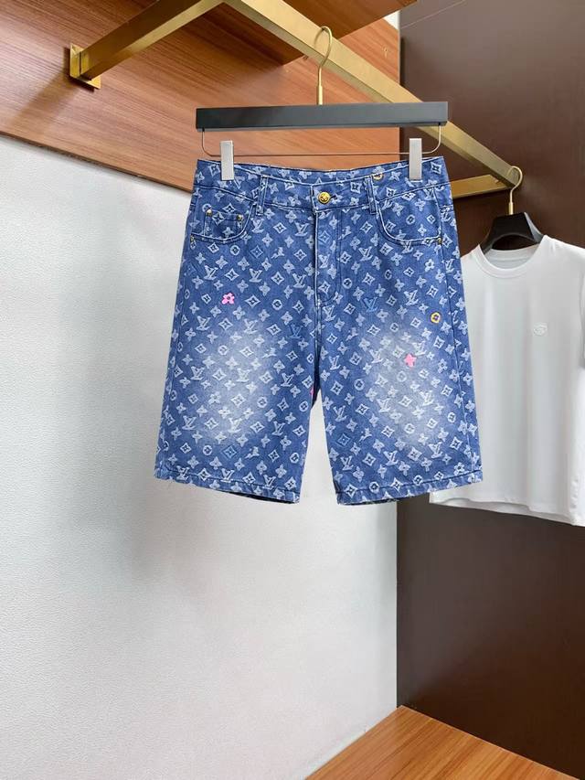 Lv 2025 new summer men's jeans shorts, heavy craftsmanship, advanced custom fabr