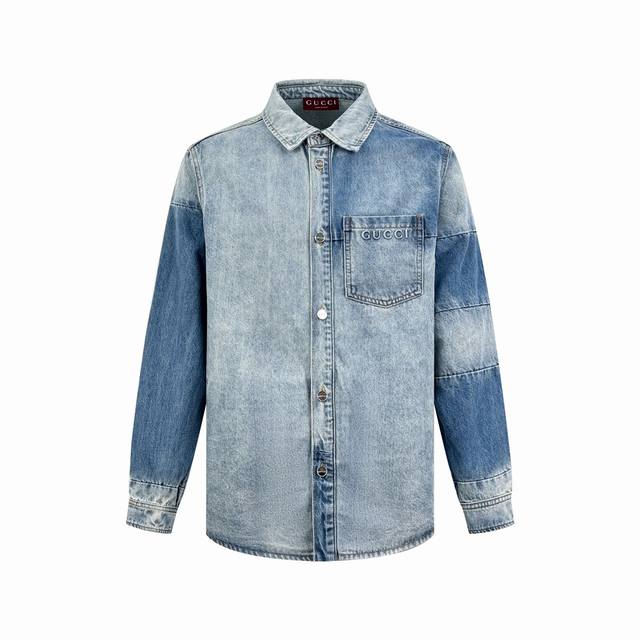 Gucci washed embossed denim shirt Customized fantasy light blue stone washed cot
