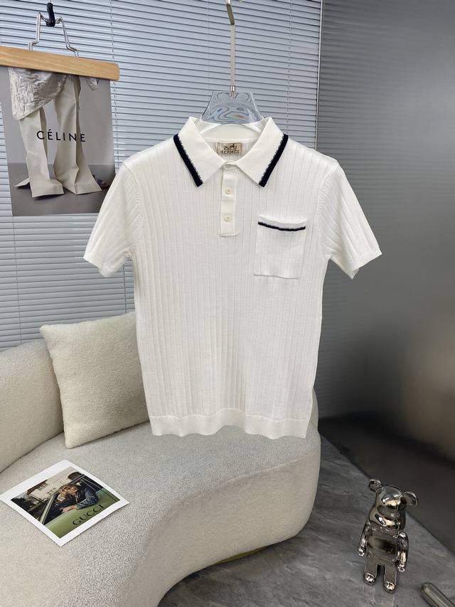 Hermes Hermes Ss new spring and summer knitted elastic lapel T-shirt, men's fash