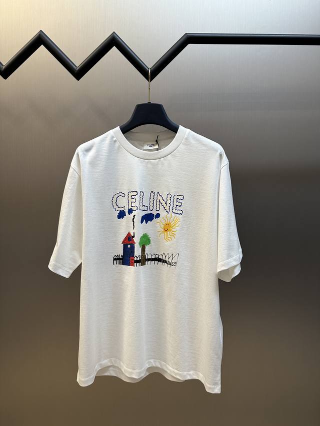 Celine Childlike Painting Print Round Neck Short Sleeves Specific mercerized lo