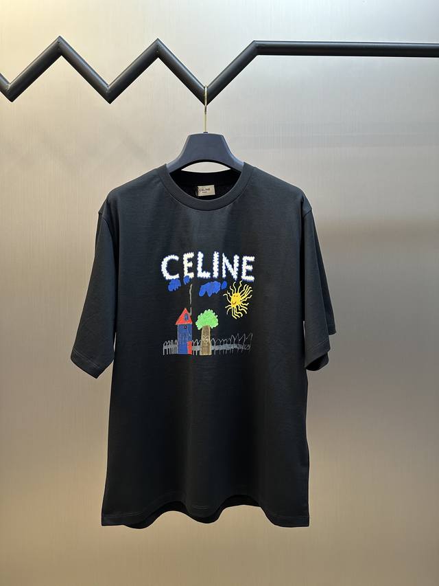Celine Childlike Painting Print Round Neck Short Sleeves Specific mercerized lo