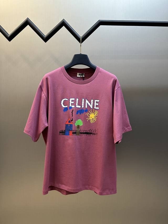 Celine Childlike Painting Print Round Neck Short Sleeves Specific mercerized lo