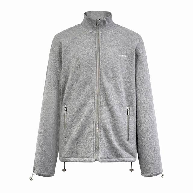 Miumiu embroidered zipper jacketCustomized cotton linen gray silk sweater materi