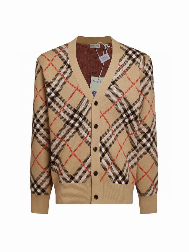 Zp version -Bur official website classic wool blended plaid V-neck cardigan thic