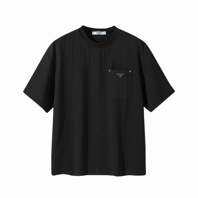 Prada classic triangle leather label chenille wrinkled striped short-sleeved T-