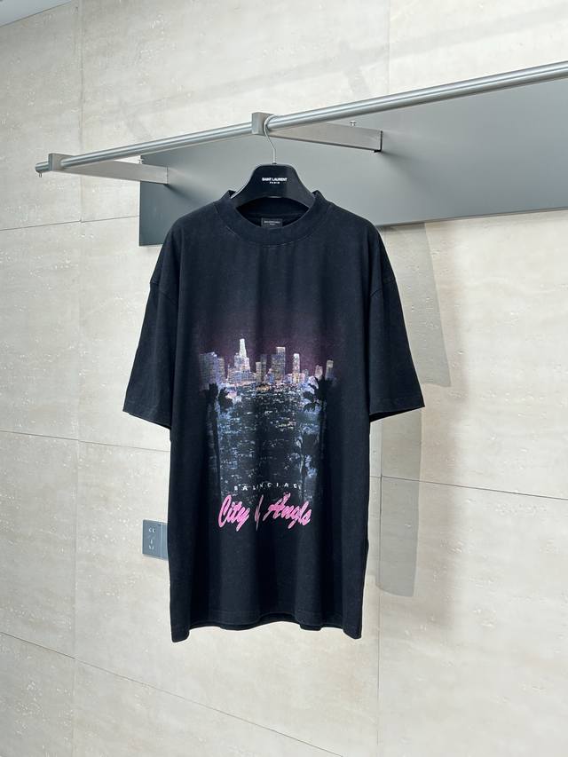 Balenciag* Paris Blcg 25 new Los Angeles washed night scene printed short sleeve
