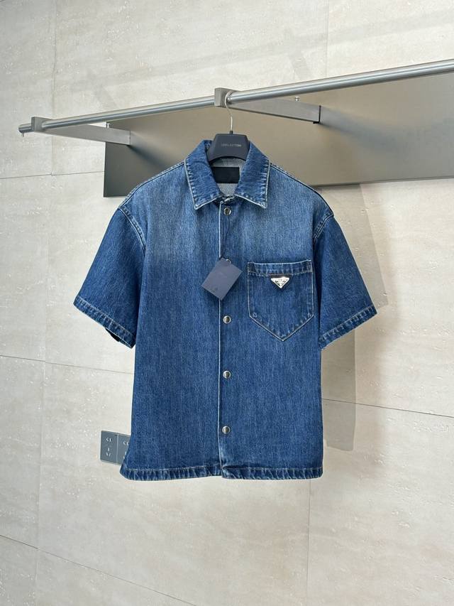 Prada* Prada 25Ss new classic solid color logo denim loose short-sleeved shirt A