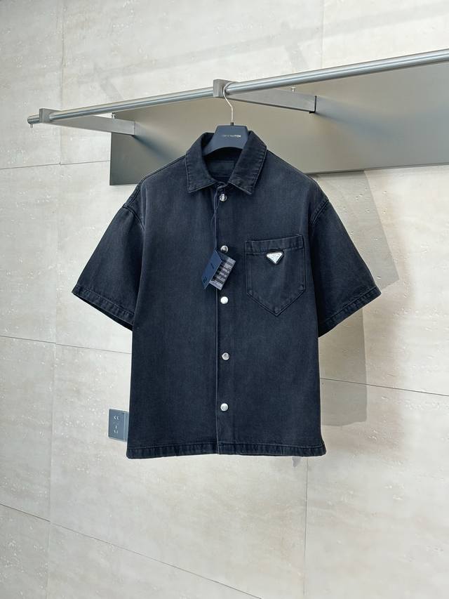 Prada* Prada 25Ss new classic solid color logo denim loose short-sleeved shirt A