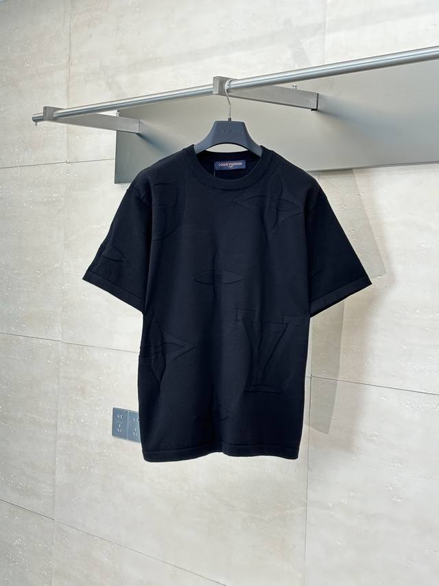 Lv* Louis 25Ss Black Flower Round Neck Wool Short Sleeves High drape viscose cot