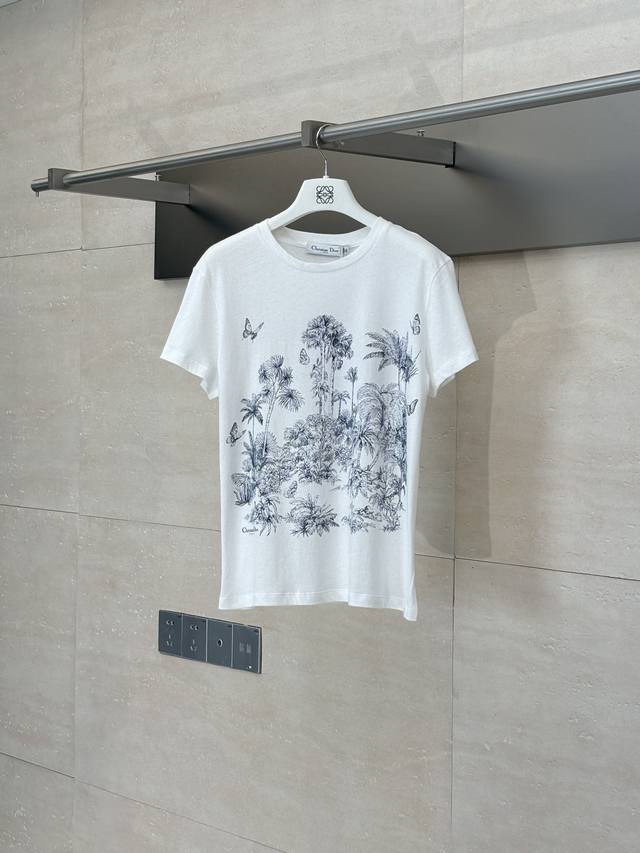 Dio* Dior 25Ss new linen cotton printed butterfly forest short-sleeved T-shirt M