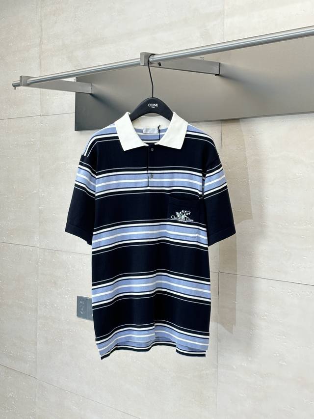 Dio* Dior embroidered lily of the valley lapel striped knitted short sleeves Yb